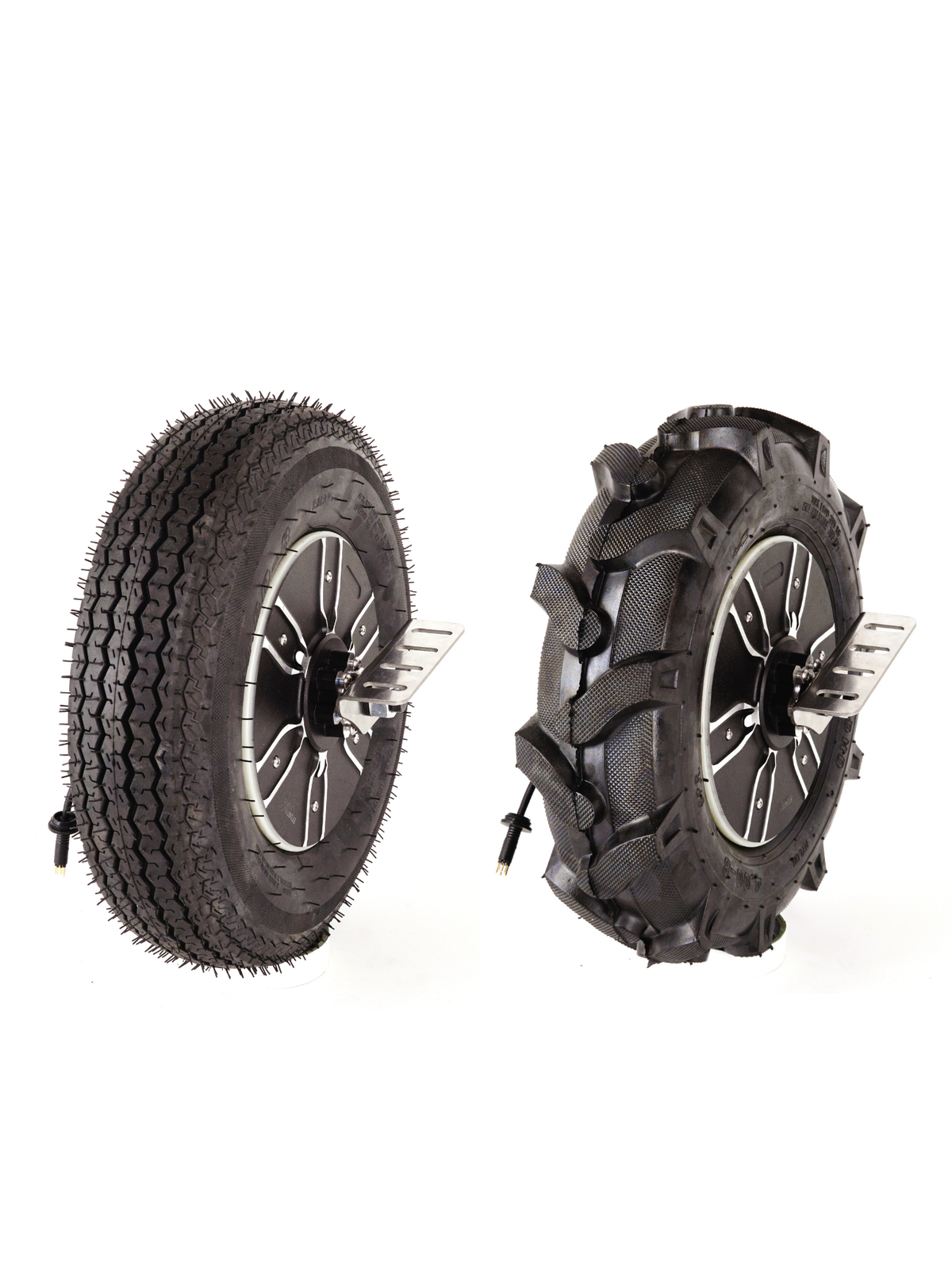 Loadrunner wheelbarrow motor wheel shown with regular and agricultural tire options