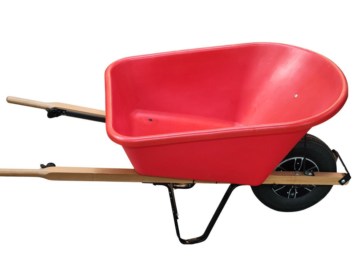 Side view of kit installed on a wheelbarrw